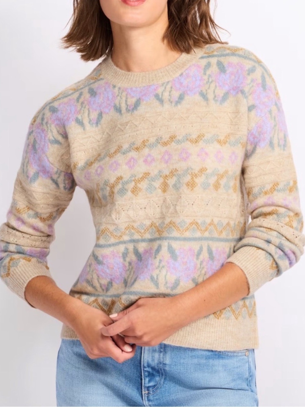 NWT RD Style Vintage Inspired Beige Crewneck Sweater with Lavender Floral Yoke